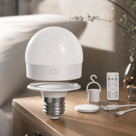 Ampoule LED RGB Rechargeable E27, Variateur Lumière 15 Couleurs, Aimant & Crochet, Type-C, ABS/PC, Ø67mm, Ambiance Intérieure (1/4)
