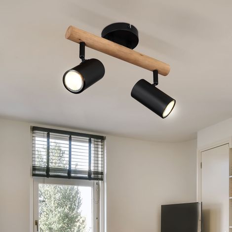 Deckenlampe Esszimmerlampe Wohnzimmerleuchte Deckenstrahler, Holz Metall schwarz, bewegliche Spots, GU10, 2 Flammig, L 30 cm