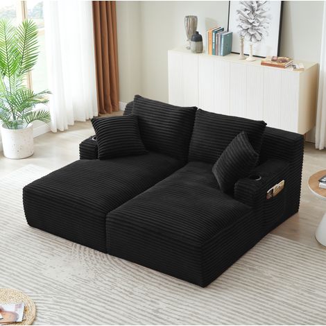 Canapé double méridienne compressé en velours côtelé avec garnissage à ressorts, sans montage, noir (1/5)
