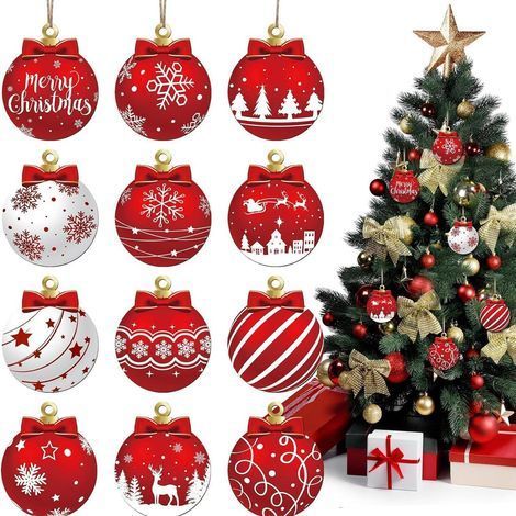 Set mit 12 roten und weißen Weihnachtskugeln aus Holz zum Aufhängen – festliche Weihnachtsbaumdekoration mit Schneeflocken, Rentieren und Weihnachtsmann (1/5)