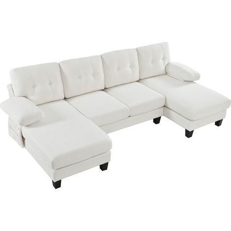 Canapé en U 4 places avec chaise longue, canapé rembourré moderne en chenille, canapé-lit à dossier réglable, canapé d’appoint pour salon et bureau, beige (1/5)