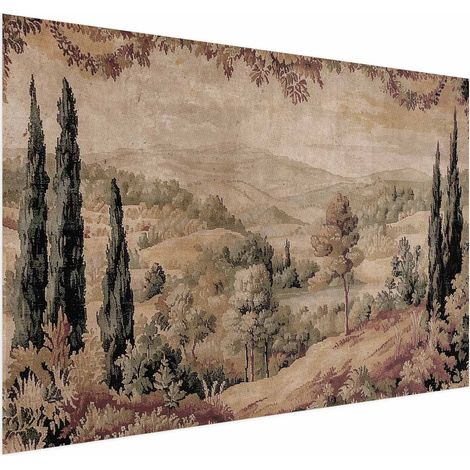 Poster – Mediterrane Landschaft – alter Wandteppich mit Hügel und See (1/4)