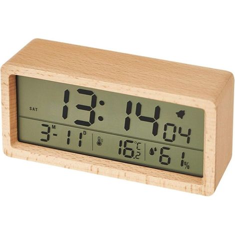 Réveil de chambre, réveil LED multifonctionnel, thermomètre-hygromètre, écran lumineux, réveil en bois massif, grand écran (1/5)