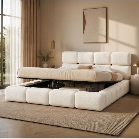 Cama doble tapizada 200 x 200 cm con almacenaje hidráulico, cabecero y somier, color blanco Bouclé (1/5)