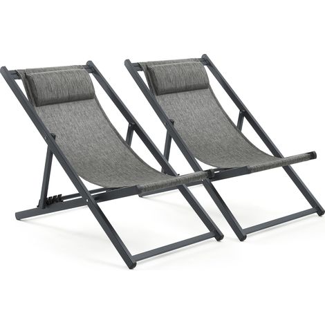 Lot de 2 Transat Bain de Soleil Pliante, Chilienne 5 pos réglables, 58Lx104Px95H cm, Chaise Longue Jardin, Balcon Terrasse, Gris, Mondeer