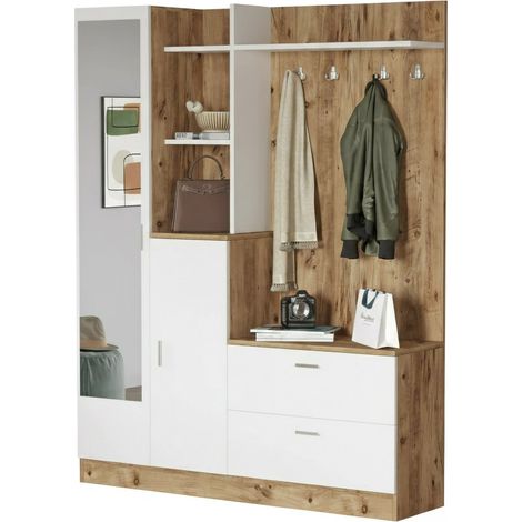 Dmora - Muebles de entrada Homam, Entrada para perchas, Composición para atrio, Consola de almacenamiento multifunción, 140x37h182 cm, Roble y Blanco, con embalaje reforzado