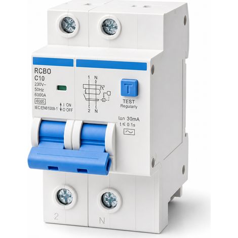 RCBO Residual Current Circuit Breaker with Overcurrent Protection 2P 10A Type C 6kA EN61009 (1/5)