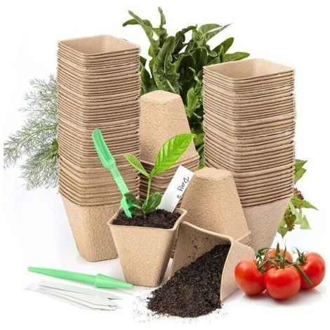 100 Pièces Pots de Semis Biodégradable Godets de Repiquage 8cm Carré Godet Semis Pot Jardinage avec 100 Étiquettes de Plantes pour Graine Légumes Fleurs Succulentes (1/4)