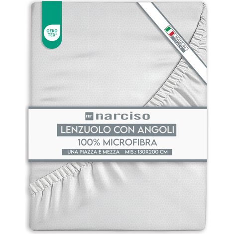 Drap housse 1 place et demie 130 x 200 + 25 en microfibre de couleur unie, draps 1 place et demie respirants et hypoallergéniques, linge de lit fabriqué en Italie (1,5 P blanc)