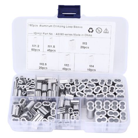 180pcs Kit de manchons de boucle de sertissage 6-Taille en aluminium à double barillet Universel pour cble métallique Extrémité de ligne (1/4)