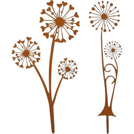Set di 2 paletti da giardino a forma di dente di leone in metallo arrugginito BOED - Decorazione per giardino, patio, balcone, vaso di fiori (1/5)