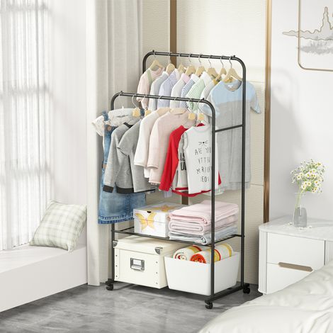 Large Clothes Double Rail Rack Garment Hanging Organizer Coat Storage Shelf 1.5M, Black