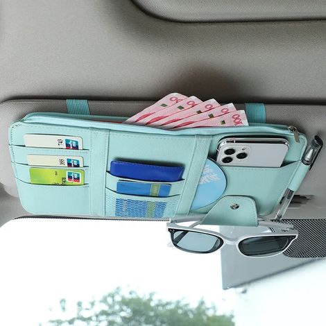 (Bleu) Pare-soleil de voiture avec porte-cartes de visite, porte-stylo et porte-CD/DVD, boîte de rangement avec clip pour lunettes de soleil et fermeture éclair. (1/5)