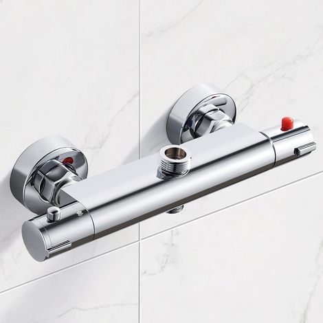Mitigeur thermostatique de douche de luxe, finition chrome poli, en laiton massif robuste, assurant une utilisation en toute sécurité et une alimentation automatique.
