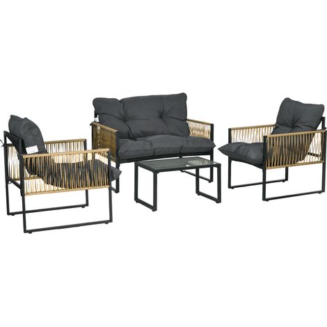 4-teiliges Gartenmöbelset mit Sofa, Sesseln und Couchtisch aus gehärtetem Glas – Grau