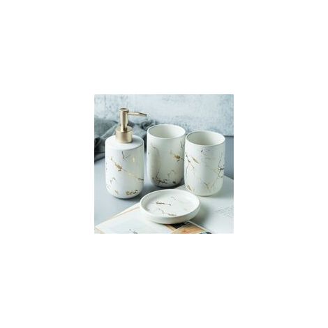 Accessorio creativo per il bagno, portaspazzolino perfetto, set da quattro pezzi con due bicchieri per il risciacquo, dispenser per sapone e lozione, effetto marmo (ceramica), bianco