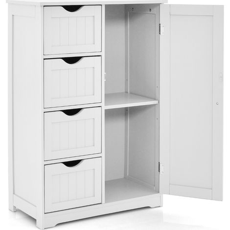 Mobiletto per bagno con 4 cassetti 1 anta ripiano regolabile, Mobile multiuso da terra in legno 56x30x82cm Bianco (1/4)