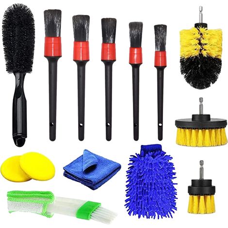 Kit per la pulizia dell'auto da 14 pezzi, spazzole di precisione e rotative, spugne, guanto in microfibra (interni/esterni)