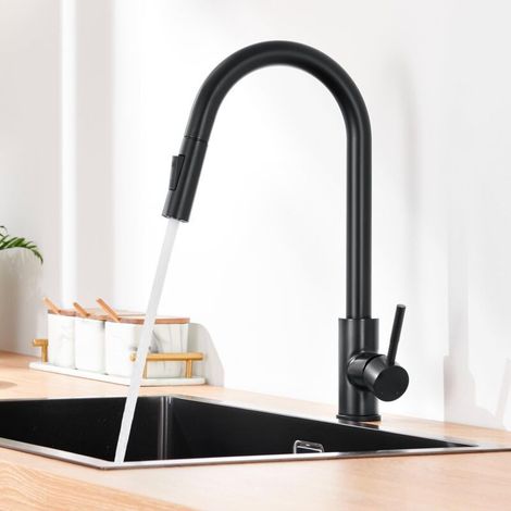 Robinet Cuisine Douchette, Mitigeur Cuisine Noir avec Douchette extractible 2 jets, Robinetterie de Cuisine en Acier Inoxydable Eau chaude et froide réglabl (1/4)