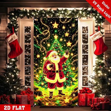 Décoration de porte de Noël tendance et originale - bannière de fête - rideau de Noël fluorescent - sapin de Noël avec le Père Noël