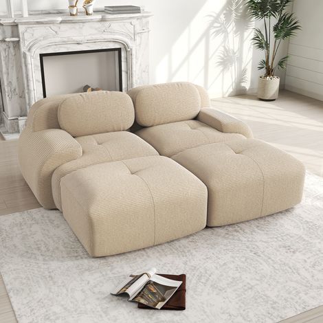 Divano componibile a 2 posti in velluto a coste 208x178x75 cm – Divano con chaise longue trasformabile – Braccioli ergonomici – Base antiscivolo e tessuto elastico – Beige