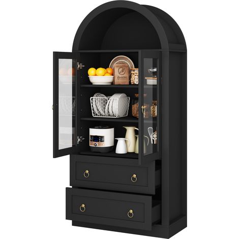 Buffet de rangement arqué noir avec portes vitrées, 2 tiroirs et étagères réglables, pour cuisine et salon, 80 x 36 x 170 cm, design moderne - CHICFURN (1/5)