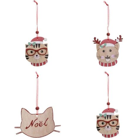 Paris Prix - Lot De 4 Sujets De Noël chat 12cm Beige & Rouge (1/5)