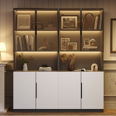 Vitrine LED 160 x 30 x 200 cm portes vitrées blanche OKMYHOME (1/5)