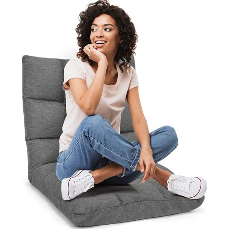 COSTWAY Sedia da Pavimento, Cuscino Imbottito da Terra con Schienale Regolabile a 14 Livelli, Poltrona Pieghevole Relax, Lettura, Yoga, per Soggiorno, Camera da Letto (Grigio, Lino, 68 x 57 x 56 cm) (1/4)