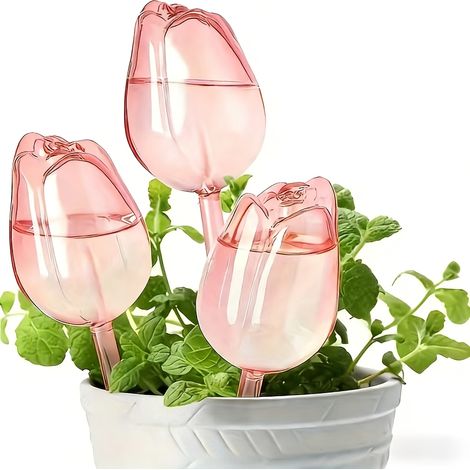 3 boules d'irrigation roses en forme de tulipe, pour plantes en pot, prolongent la durée d'arrosage goutte à goutte. (1/5)