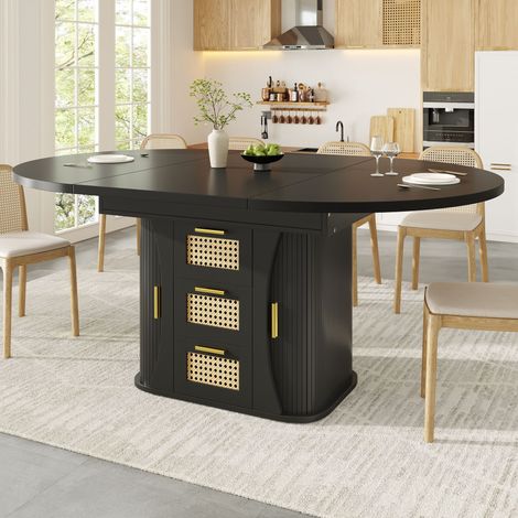Table à manger extensible noire 118-158x118x77,1 cm avec 2 tiroirs effet rotin et plateau modulable pour salle à manger en MDF et métal (1/5)
