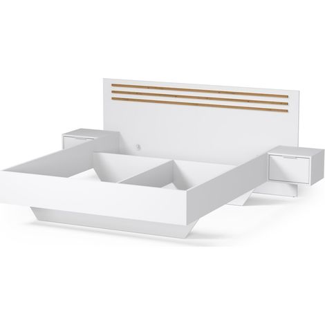 Letto FLORENCE – Bianco e rovere – 160x200 cm – Con comodini integrati – Rete e cassetti non inclusi