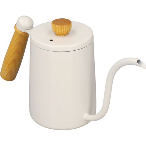 Cafetière verseuse 600 ml 20 oz, bouilloire à col de cygne avec bec verseur, pot à café et thé, poignée en bois, blanc (1/5)