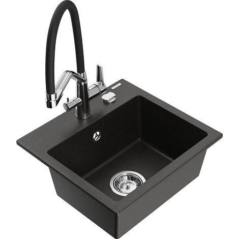 Mexen Milo 1-Becken-Granitspüle mit Mischbatterie Duo, Schwarz/Gold metallisch - 6505-75-671701-07 (1/5)
