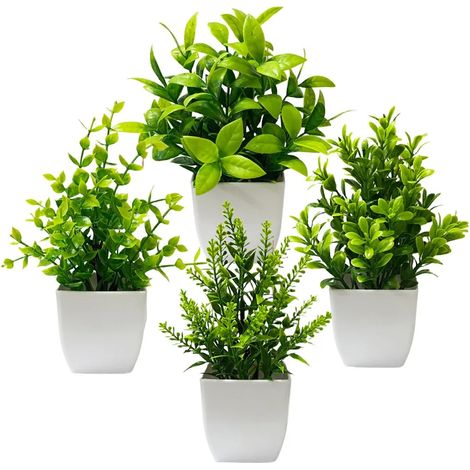 Lot de 4 mini plantes artificielles en pot, petites plantes artificielles avec pots pour la décoration de la maison, du bureau, d'une étagère ou de la salle de bain, style champêtre (1/5)
