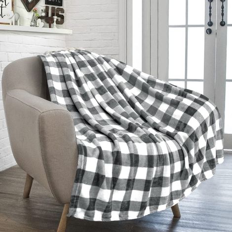 Plaid Fleece Throw Blanket - 130x100 cm - Polyester - Gray White - For Sofa Bed Camping Indoor Outdoor - 1 Piece (1/5)