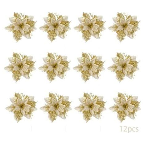 12pcs Artificial Christmas Flowers, Poinsettia Christmas Flowers, Christmas Flowers, Christmas Tree Decorations, Artificial Christmas Flowers (Gold) (1/4)