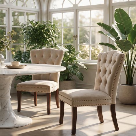 Chaise vintage en velours beige - Lot de 2 Chaises - rembourrée - capitonnée - style français (1/5)