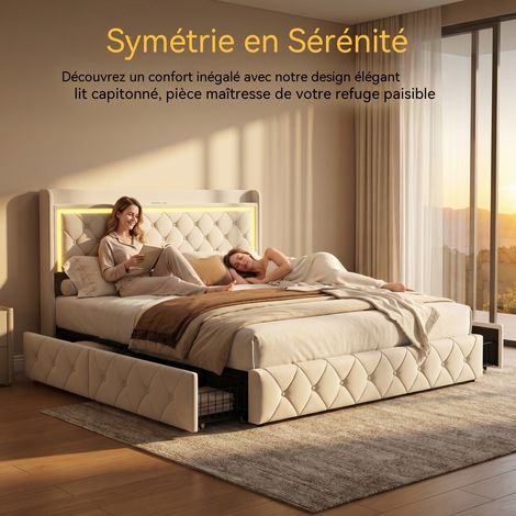 Lit avec 4 tiroirs, Lit coffre capitonné 140x190, Cadre de Lits pour adults, Lit rembourré 2 Personnes, tête de lit en coton, avec LED et USB (1/5)