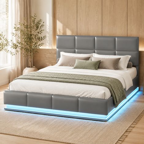 Cama tapizada moderna 160x200 cm con LED, arcón hidráulico, lamas metálicas, polipiel gris (1/5)