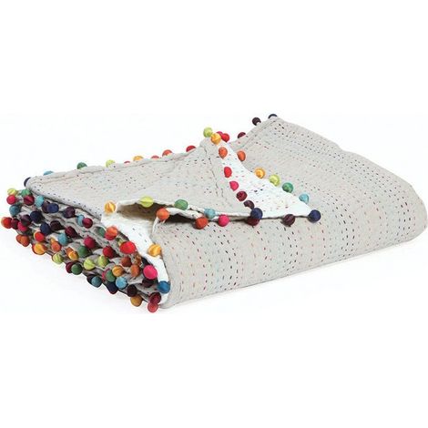 Courtepointe Couvre-lit 100% Coton avec Pompons Multicolores pour Lit et Canapé 220 x 220 cm - PANGIVO (1/2)