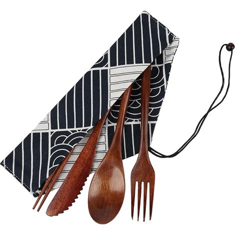 Couverts Bois Naturel Réutilisable Couteau Fourchette Cuillère Baguettes Pochette Rangement Tissu Couverts Voyage Portable Bureau Camping (1/5)