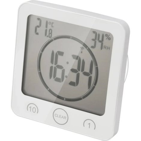 1 thermomètre hygromètre intérieur, affichage LCD heure température humidité, étanche, montage mural ou ventouse, salle de bain cuisine (1/2)