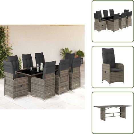 vidaXL 9-tlg. Garten-Bistro-Set mit Kissen Grau Poly Rattan (1/5)