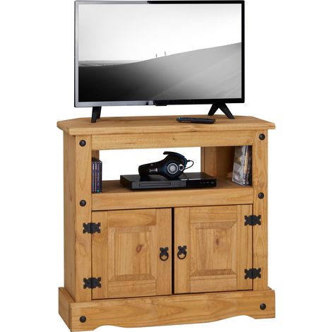 Idimex – Meuble TV en pin massif 85 cm – 2 portes battantes – Finition laquée – Niche avec ouverture arrière pour câbles (1/6)