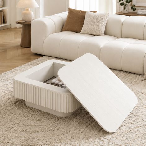 Table basse carrée 75x75x35 cm - design cannelé moderne - rangement caché - structure en bois massif et MDF - finition laquée - blanc (1/5)
