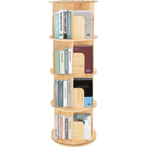 Bibliothèque rotative 4 étagères – 16 compartiments, Bois massif pin, 360°, diamètre 45 cm, hauteur 128 cm – Charge 25 kg par niveau , base antidérapante – Pour salon, chambre