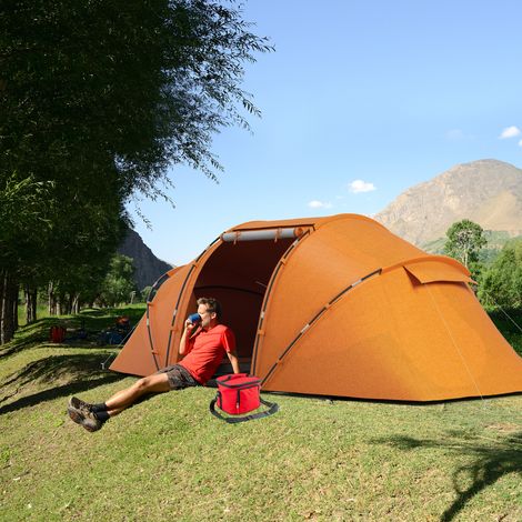 Tente tunnel pour 4 à 6 personnes, tente de camping avec porte, tapis de sol, imperméabilité 2000 mm, orange