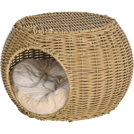 Zweistöckiger Katzenkorb aus geflochtenem Rattanharz mit weichem Kissen, Ø 40 x 30 cm, hellbraun