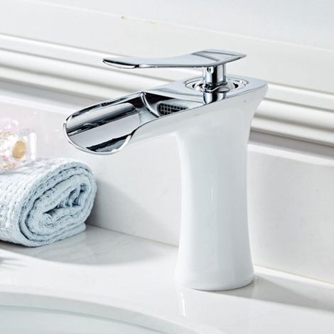 Mitigeur de lavabo cascade blanc et chrome pour salle de bain (1/5)